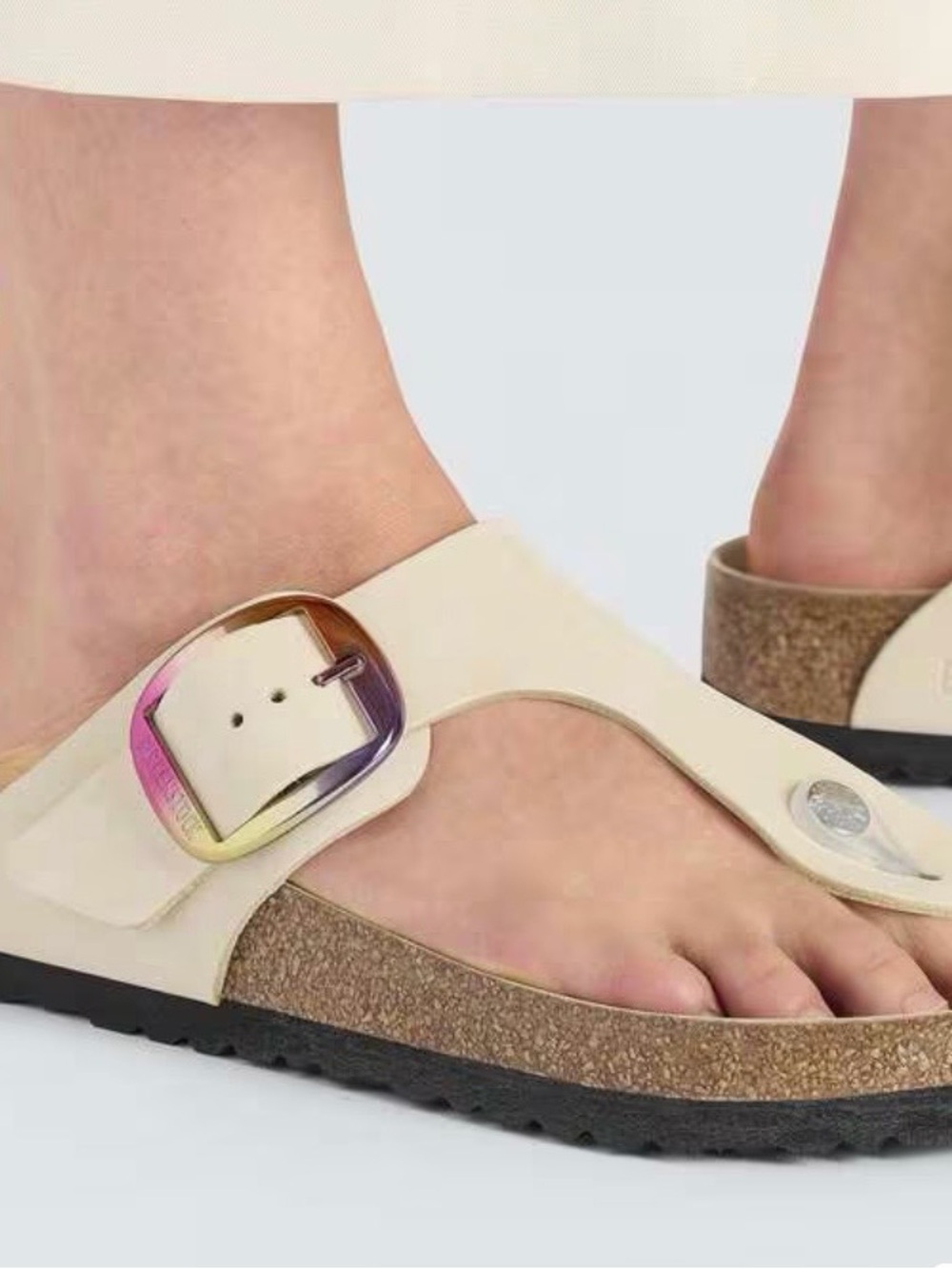 Birkenstock Cream Thong Sandal with Iridescent Buckle